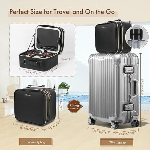 Behaesty Travel Makeup Bag with LED Mirror Double Layer, Detachable Vanity Mirror with Lights, Tri-light Dimmable, Makeup Case with Adjustable Dividers and Brush Holder Cosmetic Organizer Storage Box thumbnail 7