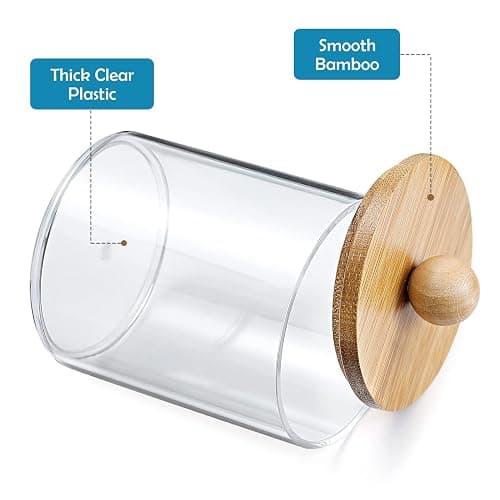 2 Pack Qtip Holder Dispenser with Bamboo Lids - 10 oz Clear Plastic Apothecary Jar Containers for Vanity Makeup Organizer Storage - Bathroom Accessories Set for Cotton Swab, Ball, Pads, Floss thumbnail 5