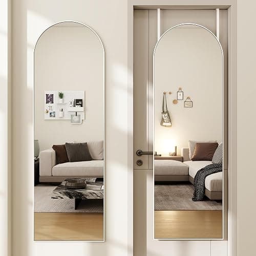 JAWGLOW Arched Full Length Door Mirror 14x48, Metal Frame with Protective Film, No-Drilling Hanging or Wall Mount, Hooks & Hardware Included, Full Body Mirror for Bedroom, Dorm, White - Image 1