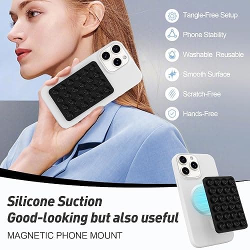 Magnetic Suction Phone Mount for MagSafe Case,Silicone Sticky Phone Grip Holder for iPhone,Removable Hands-Free Selfie/Video for TikTok & Instagram Influencer/Creator (Black) thumbnail 3