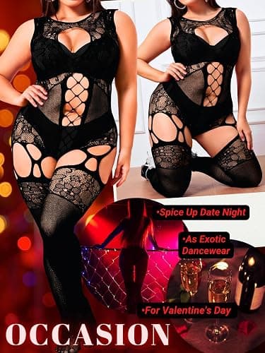EHSUYAB Plus Size Body Stockings For Women Curvy BBW, Exotic Dancer Lingerie Outfits, Full Sexy Fishnet Bodysuit Rave Party thumbnail 4