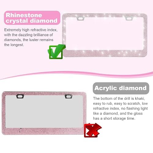 QUANQIUFEI 2 Pack Bling License Plate Frames for Women, Sparkly Rhinestone Diamond Car Accessories with Glitter Crystal Caps (Pink) thumbnail 3