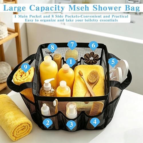 Mesh Shower Caddy, Portable Black Beach Tote Bag for Bathroom Dorm Essentials, Quick Dry Toiletry Organizer Large with 2 Handles 9 Pockets for Swim Pool Gym College Camp Travel Women Men Basket Bag thumbnail 5