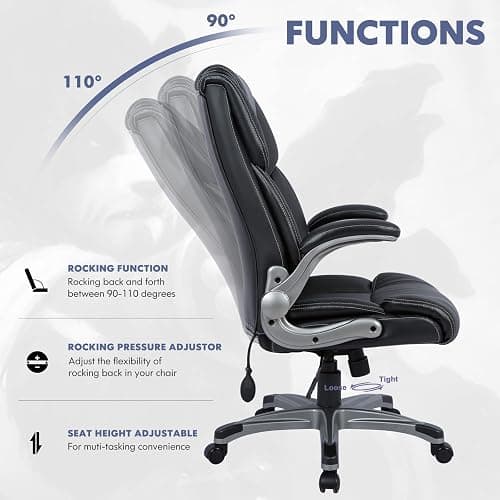 COLAMY High Back Executive Office Chair- Ergonomic Home Computer Desk Leather Chair with Padded Flip-up Arms, Adjustable Tilt Lock, Swivel Rolling Chair for Adult Working Study-Black thumbnail 6