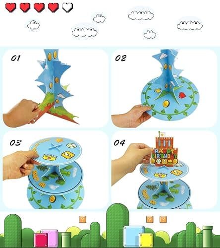 Super Brothers Party Cupcake Stand with Stars & Goldcoin Cupcake Toppers 24pcs, Video Game Birthday Party Supplies for Kids Boy Birthday Cupcake Decoration Super Game Bros 3 Tier Cupcake Stand thumbnail 4