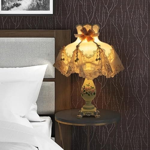 kangten Victorian Style Table Lamp Pink Princess lamp Handmade Gauze Fabric Lampshade Traditional Resin Flower Carved Base for Girl's Room Bedroom Office Living Room Reading, D12.2'' X H21.2'' thumbnail 9