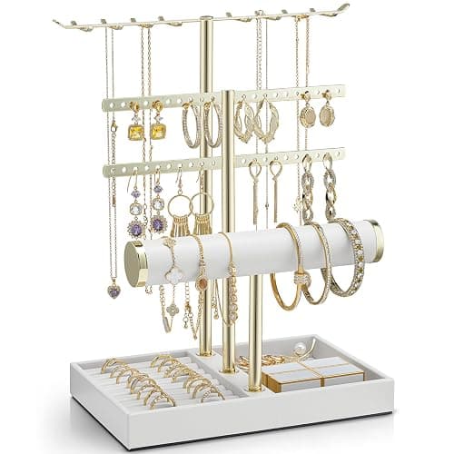 VLANDO Schmuck Organizer 4 Etagen Schmuckständer Gold mit Kunstleder Armbandhalter für Frauen - Schmuckhalter Display für Halsketten, Uhren, Ringe, Ohrringe, Armbänder, Armreifen, Sonnenbrillen - Image 1