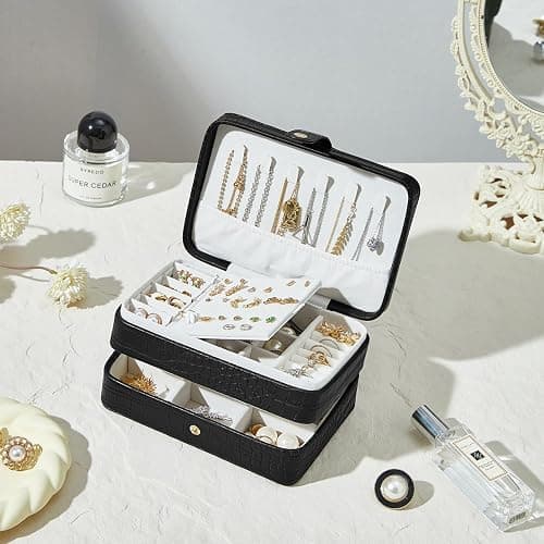 BUTI4WLD Travel Jewelry Case, Portable Jewelry Organizer Box with 3 Layers PU Leather Storage for Earrings, Necklaces, Rings, Bracelets, Compact Jewelry Gift for Women, Christmas Gifts (Black) thumbnail 2
