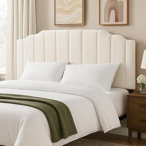 GARTMILAN Upholstered Headboard Adjustable Height Queen/King Headboard Cream Velvet Tufted Modern Vertical Channel Design with Stepped Silhouette Top Edge(Beige Queen) - Image 1