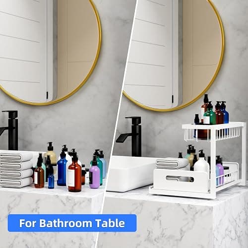 Lxmons 2-Tier Under Sink Slide Out Organizer, 2 Pack Pull Out Cabinet Storage Shelf with Sliding Wire Basket Drawer for Bathroom Kitchen, Countertop or Pantry Shelf, White thumbnail 5