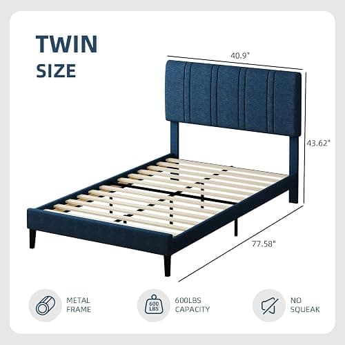 MaverickFurni Twin Bed Frame for Kids, Upholstered Platform Bed Frame with Linen Fabric headboard, Wood Slats, Modern Style, No Box Spring Needed, Easy Assembly, Blue thumbnail 2