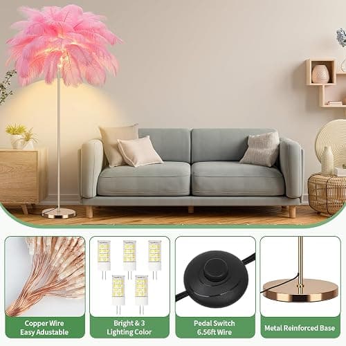 Fivemengo Feather Floor Lamp for Living Room, Fluffy Ostrich Feathers Lamp, Rose Gold Color Body, 3 Color Temperatures Modern Funky Arc Tall Standing Lamp for Bedroom Inclued Bright LED Bulbs (Pink) thumbnail 4
