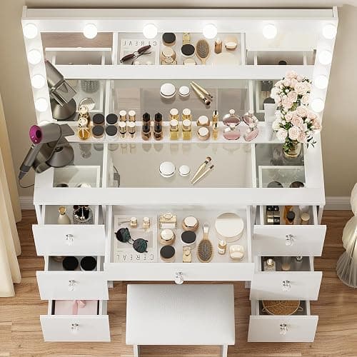 VOWNER Vanity with Lighted Mirror - Makeup Vanity Desk with Glass Top, 7 Drawers and Power Outlet, 3 Color Lighting Modes Adjustable Brightness, 44" Vanity Table with Stool for Women Girls, White thumbnail 6