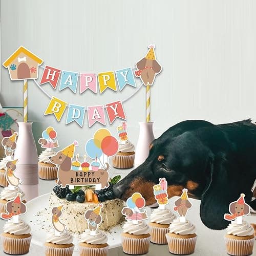 KARAQY Dachshund Dog Birthday Decorations - Wiener Dog Puppy Cupcake Toppers and Dog Lover Cake Bunting Topper Set thumbnail 2