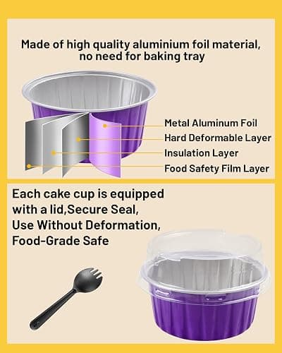 Tikxlafe Aluminium Foil Cake Cups with Lids Muffin Tins, Mini Cake Pans, Mini Bread Moulds with Lids, Disposable Baking Cups with Lids - 50 Pack of 5 oz Round Aluminium Foil Cake Baking Cups-Purple thumbnail 4