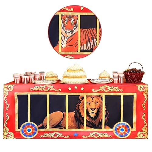 Jisfigtrh 6Ft Carnival Party Decorations Circus Animal Cage Tablecloth Tiger Lion Patterns Carnival Cage Washable Polyester Rectangular Table Cover for Boy Girl Birthday Baby Showers Party Supplies - Image 1