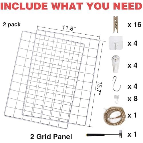 C&AHOME Photo Wall Display Set of 2, Grid Panel with Hooks, Clips, Hemp Cord, Hammer - 15.7" x 11.8", White UWWGM3402W thumbnail 3