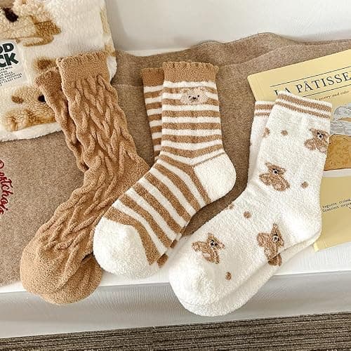 Kelabia 3 Pair Winter Bear Floral Fuzzy Socks, Thick Fluffy Thermal Sleeping Slipper Cute Socks Stocking Fall Clothes Stuff thumbnail 3