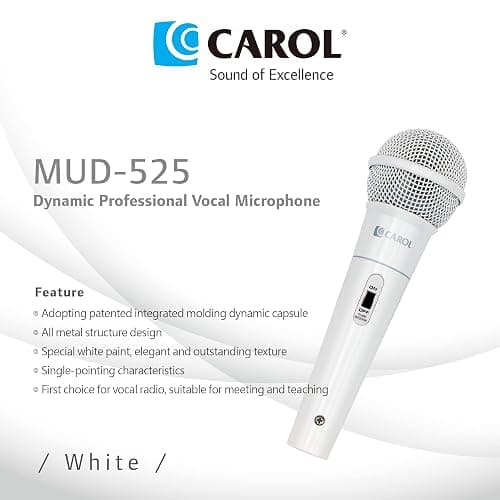 CAROL MUD-525 White XLR Wired Vocal Microphone for Karaoke – Dynamic Unidirectional Mic for Singing, Conference & Campus Use. Durable Design for Longevity, Includes Mic, 14.8ft XLR Cable & Switch thumbnail 7