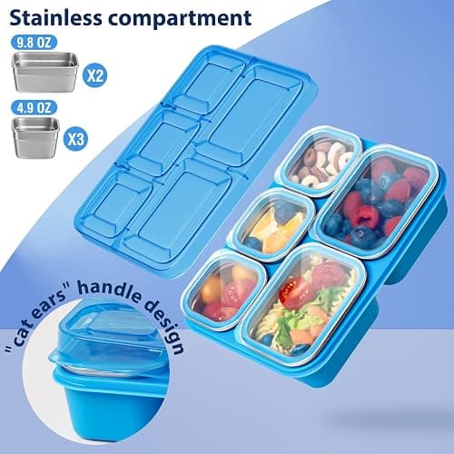 Freshmage Stainless Steel Snack Containers - 2 Pack, BPA-Free Lunch Bento Box with 5 Compartment, Reusable Food Storage Snackle Box for School, Work, and Travel, Dishwasher Safe (Pink) thumbnail 7
