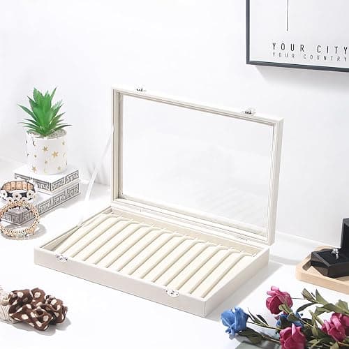 14 Hooks Necklace Storage Tray, Velvet Neckalce Organizer Box with Clear Lid, Pendant Chain Necklace Jewelry Organizer Drawer Tray for Women Girls (Beige) thumbnail 2