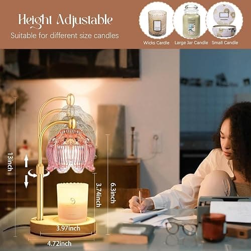 Cinsenten Adjustable Flower Candle Warmer Lamp with Timer, Lotus Tulip Glass Warmer Light for Jar Candles, Electric Wax Warming Melter, Gifts for Women Mom, Vintage Bedroom Decor (Pink) thumbnail 3