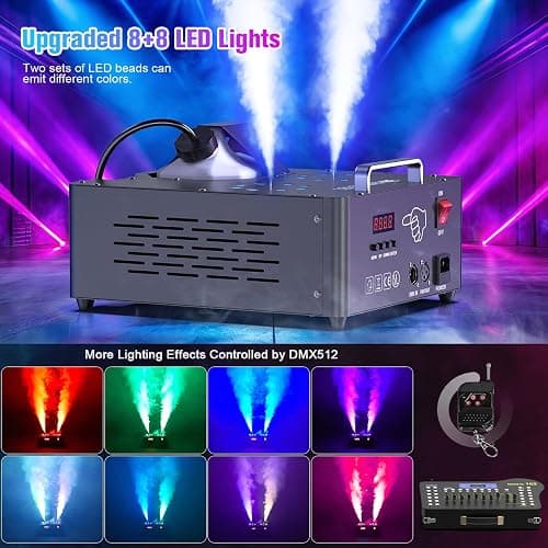 2000W Professional Fog Machine with Lights,Dual Nozzle 8+8 RGB 3W LED Lights Wireless/Manual/DMX Control Adjustable Smoke Direction, 2.5L Tank LCD Display 30000CFM for Halloween Christmas Wedding-1PC thumbnail 3