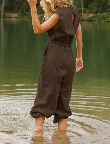 Flygo Womens Casual Jumpsuit Crewneck One Piece Outfits with Pockets | Cap Sleeve, Round Neck, Back Cutout, Drawstring Elastic Waist, Ankle Length, Long Wide Leg Pants, Summer Lounge Travel Outfit thumbnail 4