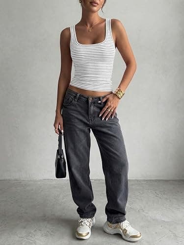 Cioatin Women Sleeveless Striped Crop Tank Tops Strappy Square Neck Slim Fit Cami Y2K Aesthetic Preppy Summer Outfits Workout thumbnail 3