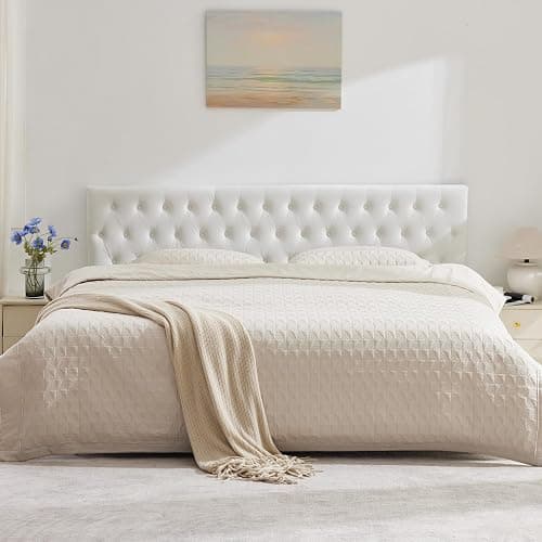 Kingfun Tufted Upholstered Full Size Bed Headboard in Modern Button Design, Adjustable Solid Wood Head Board, Premium Velvet Fabric Padded Headboards in Bedroom (White) thumbnail 3