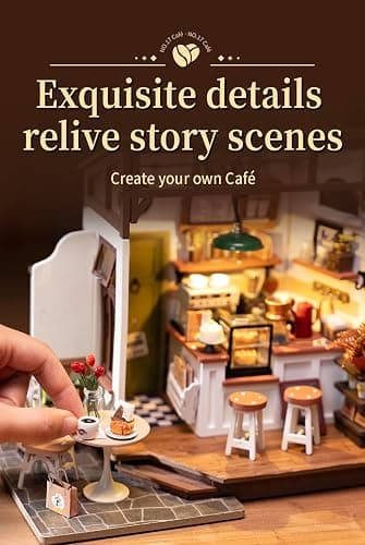 Rowood Coffee Miniature House Kit, DIY Miniature Dollhouse Kits Gifts for Adults to Build, Mayberry Street Miniatures, Wooden Adults Crafts, Mini Model Kits with LED, Birthday for Adult(NO.17 Cafe) thumbnail 4