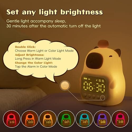 Yiliaw Capybara Alarm Clock with Night Light for Kids, 7 RGB Color Cute Alarm Clocks for Bedrooms Ok to Wake Clocks, Silicone Animal Tabletop Lamp for Teen Girls Boys thumbnail 3