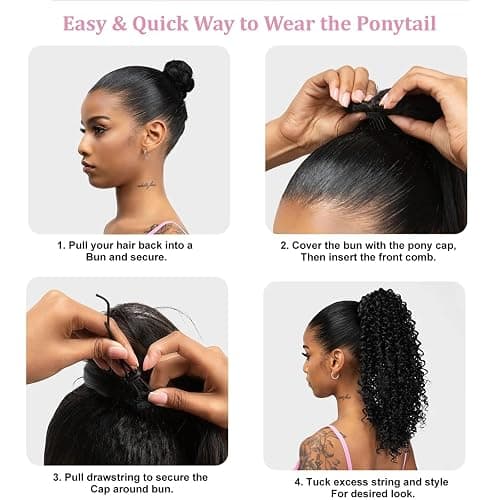 GOTEFERBE Kinky Curly Drawstring Ponytail 1B Off Black Afro Curl Synthetic Fiber Clip In Ponytail for Women Thick Coily Curls Natural Looking Hairpiece 18 Inch thumbnail 7