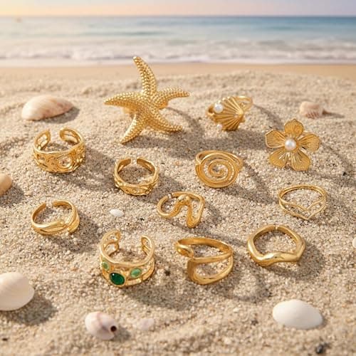UYY Chunky Gold Rings for Women Non Tarnish, Baroque Pearl Flower Tiger's Eye Stone Rings Adjustable Stacking Statement Rings Set Fashion Jewelry Gifts thumbnail 5