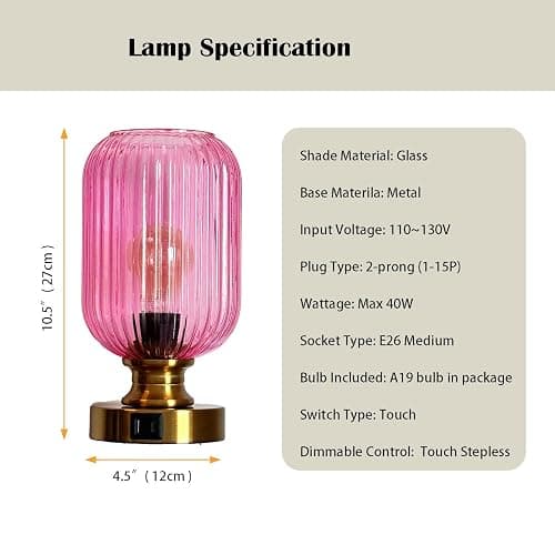 MAINDECO Mid Century Glass Table Lamp,Dimmable Desk Lamp,LED Bulb Included,Touch Control & USB A+C Port,Pink Ribbed Glass thumbnail 4