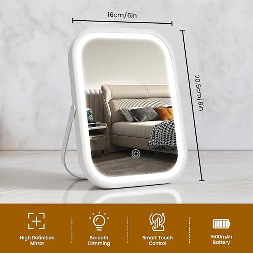 Rechargeable Travel Makeup Mirror, 8"×6" Small Vanity Mirror with Lights, 1500mAH Battery, 3-Color Lighting, Dimmable, 360° Rotation, Portable Desk Mirror with Storage Pouch, Travel Essentials (White) thumbnail 2