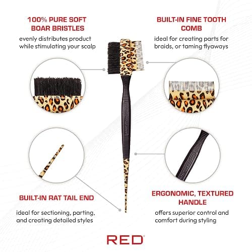 Red by Kiss Professional 3-IN-1 Edge Brush with Case – 100% Pure Boar Bristle Brush, Fine Tooth Comb & Rat Tail End for Precision Styling, Edge Control & Hair Parting thumbnail 3