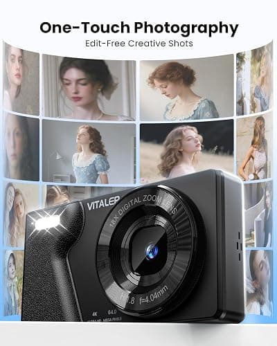 Vitaler Digital Camera with Front Rear Lens, Autofocus 64MP 4K Camera for Photography with 32GB Card, Portable Compact Point and Shoot Camera for Teens Adult Beginner with Metal Shell, 2000mAh Battery thumbnail 8
