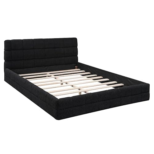 SOFTSEA Queen Size Upholstered Platform Bed Frame, Fleece Fabric Floor Platform Bed with Soft Headboard, Queen Grounded Bed Frame with Wood Slats for Kids Teens Adults, Easy Assembly (Black) thumbnail 6