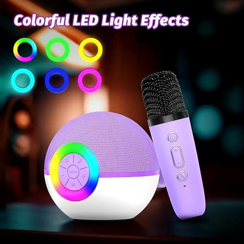 goopow Mini Karaoke Machine Speaker for Kids Adults, Portable Bluetooth Microphone Song Toys with LED Light, Best Chritmas Birthday Festival Gift for 3 4 5 6 7 8+ Year Old Girls Boys (Purple-2MIC) thumbnail 5