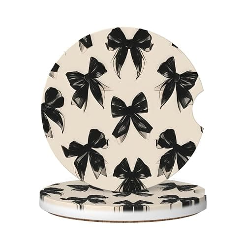 GUCIUU Car Coasters for Cup Holder 2 Pack - Black Bow Tie | 2.56 Inch Absorbent Ceramic Drink Cup Coasters for Car, Anti-Slip Cork Base Interior Accessories for Women & Men - Image 1
