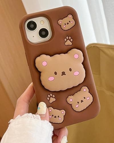 TUFTA Kawaii 3D Teddy Bear Phone Case for iPhone 15 (with Retractable Phone Stand & Grip) Cute Girly Cartoon Soft Silicone Phone Cover for Girls, Kids, Teens, and Women, Brown thumbnail 2