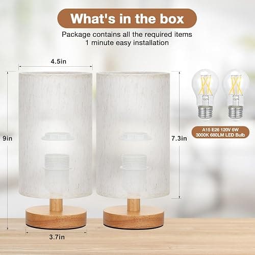 Fenmzee Small Lamps Set of 2 - Inline Control, Bedside Table Lamp for Bedroom with 3000K A15 LED Blub, Easy Assembly (Cream Shade - Wood Base Set of 2, 9" Inline Control) thumbnail 2