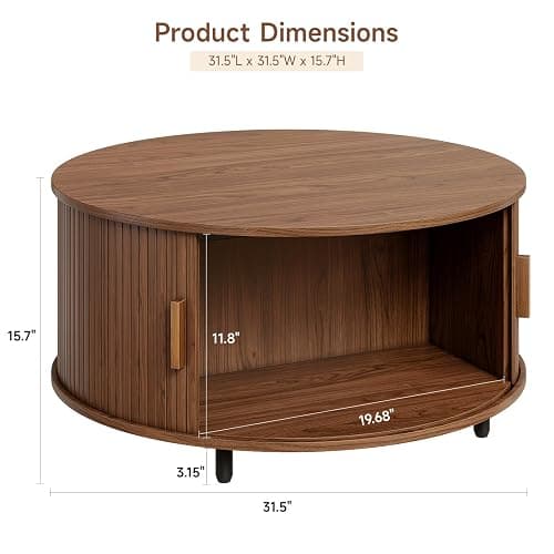 ONBRILL Round Coffee Table with Storage, 31.5" Modern Coffee Table with 360° Curved Sliding Door, Fluted Wood Accent Coffee Table with Adjustable Footpads, Round Center Table for Living Room, Walnut thumbnail 2