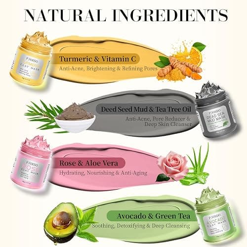 Pjordo 4 Pcs Clay Mask for Face(360g in total), Turmeric Vitamin C, Dead Sea Mud, Green Tea Avocado, Rose, Face Mask Skincare for Pore Cleansing, Facial Clay Mask Set Gifts for Women, 3.17 Oz Each thumbnail 2