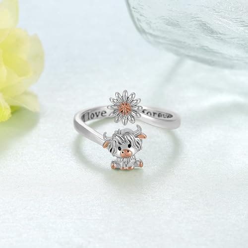 qielizhu Highland Cow Ring 925 Sterling Silver Adjustable Cute Cow/Capybara/Axolotl/Dragon/Panda Open Rings with Daisy Cow Jewelry Gift for Women thumbnail 2