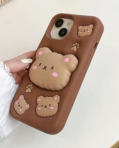 TUFTA Kawaii 3D Teddy Bear Phone Case for iPhone 15 (with Retractable Phone Stand & Grip) Cute Girly Cartoon Soft Silicone Phone Cover for Girls, Kids, Teens, and Women, Brown thumbnail 5