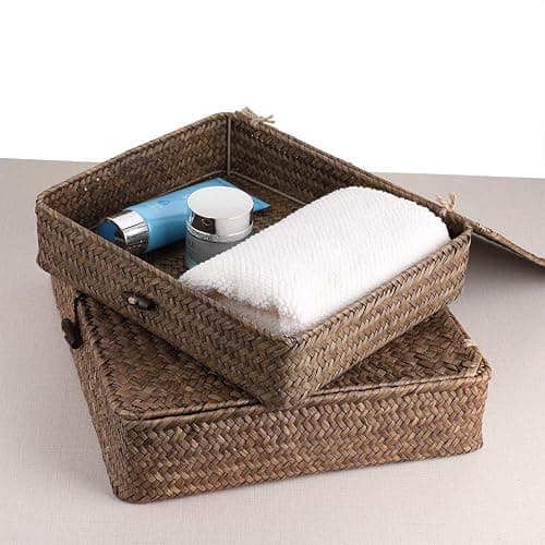 Hipiwe Set of 2 Flat Woven Wicker Storage Bins with Lid Natural Seagrass Basket Multipurpose Home Boxes for Shelf Organizer (Coffee) thumbnail 6