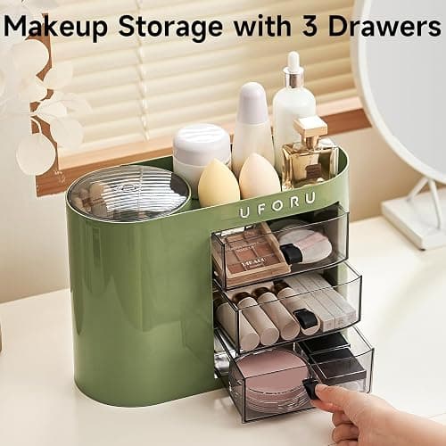 UFORU Makeup Organizer with Pop-Up Brush Holder for Dresser Vanity, Plastic Bathroom Counter Organizer with 3 Drawers & Dust-Proof Cover, Cosmetic Display Case for Lipstick, Skincare, Vintage Green thumbnail 7