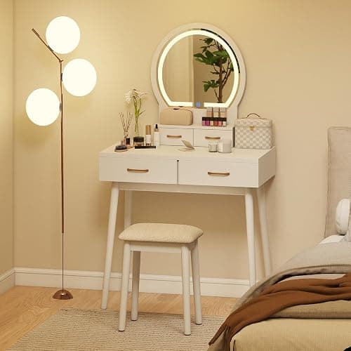CHARMAID Vanity Desk with Mirror and Lights, Modern Makeup Vanity Table with 4 Drawers, 3-Color Dimmable LED Mirror, Girls Dressing Table and Stool Set for Small Bedroom (White) thumbnail 6